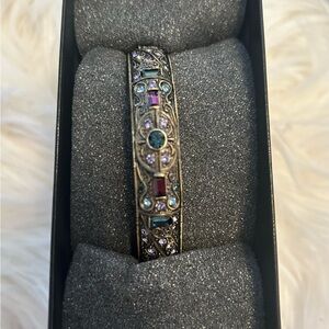 Heidi Daus Bangle Bracelet Dark Purple Blue Rhinestones Antique Brass